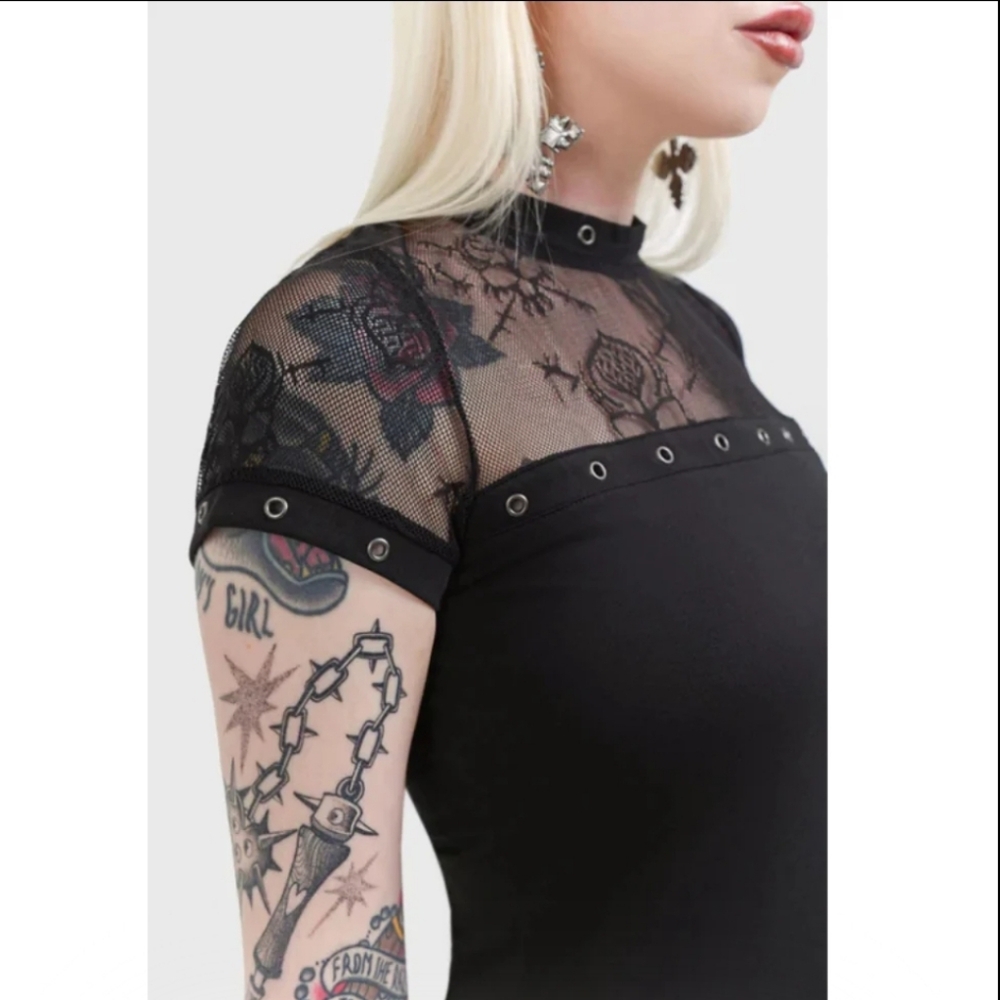 Killstar Black Lace Yoke Eyelet Short Sleeve Top - Picture 3 of 4